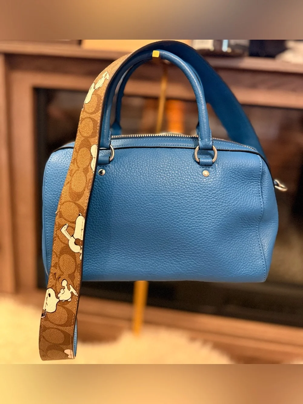 Coach x Peanuts Rowan Blue Leather Satchel with Signature Brown Snoopy Strap